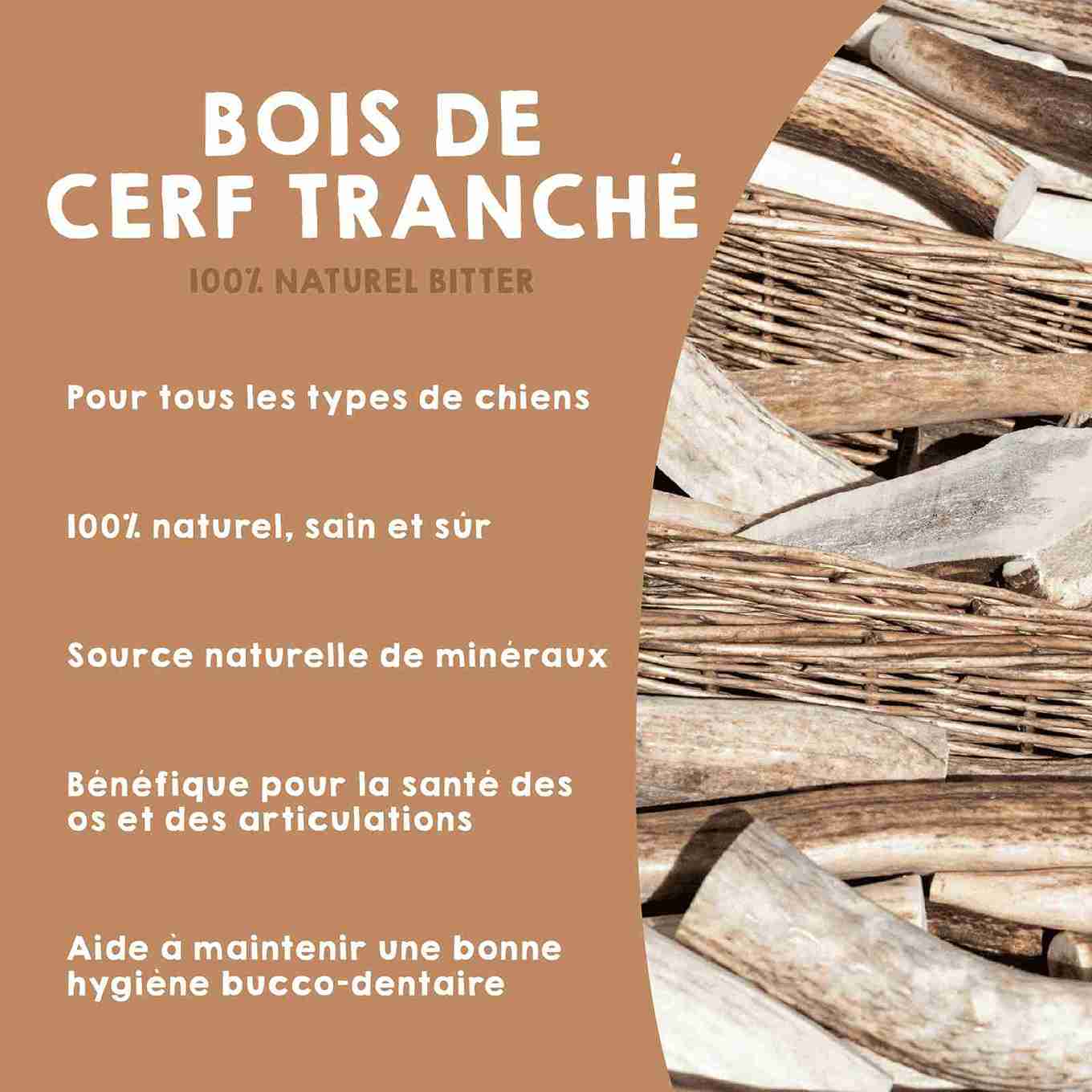 Jouets à mâcher en bois de cerf fendus pour chiens.