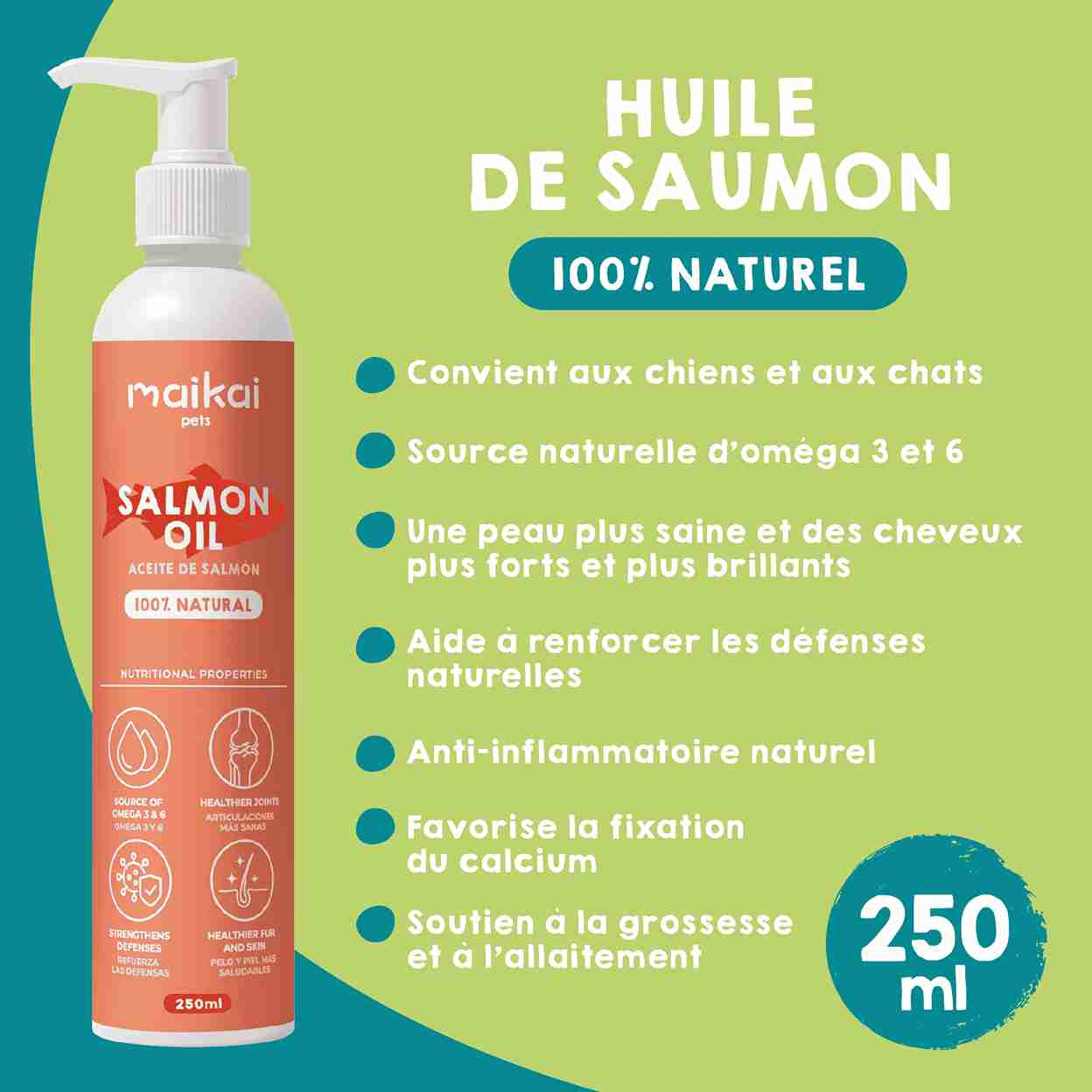 Pack de friandises naturelles et huile de saumon pour chiens.