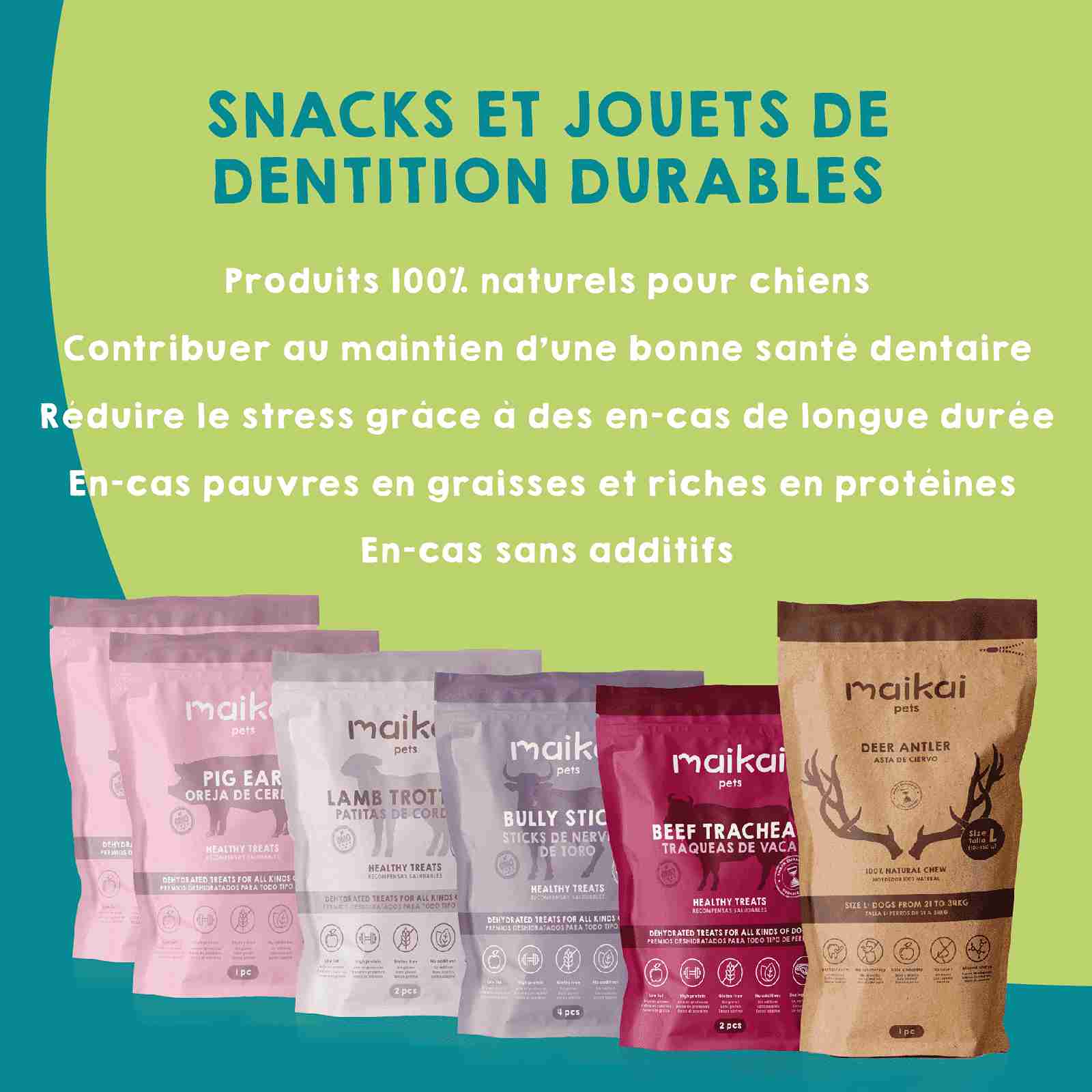 Pack de friandises naturelles et jouets à mâcher naturels pour chiens.