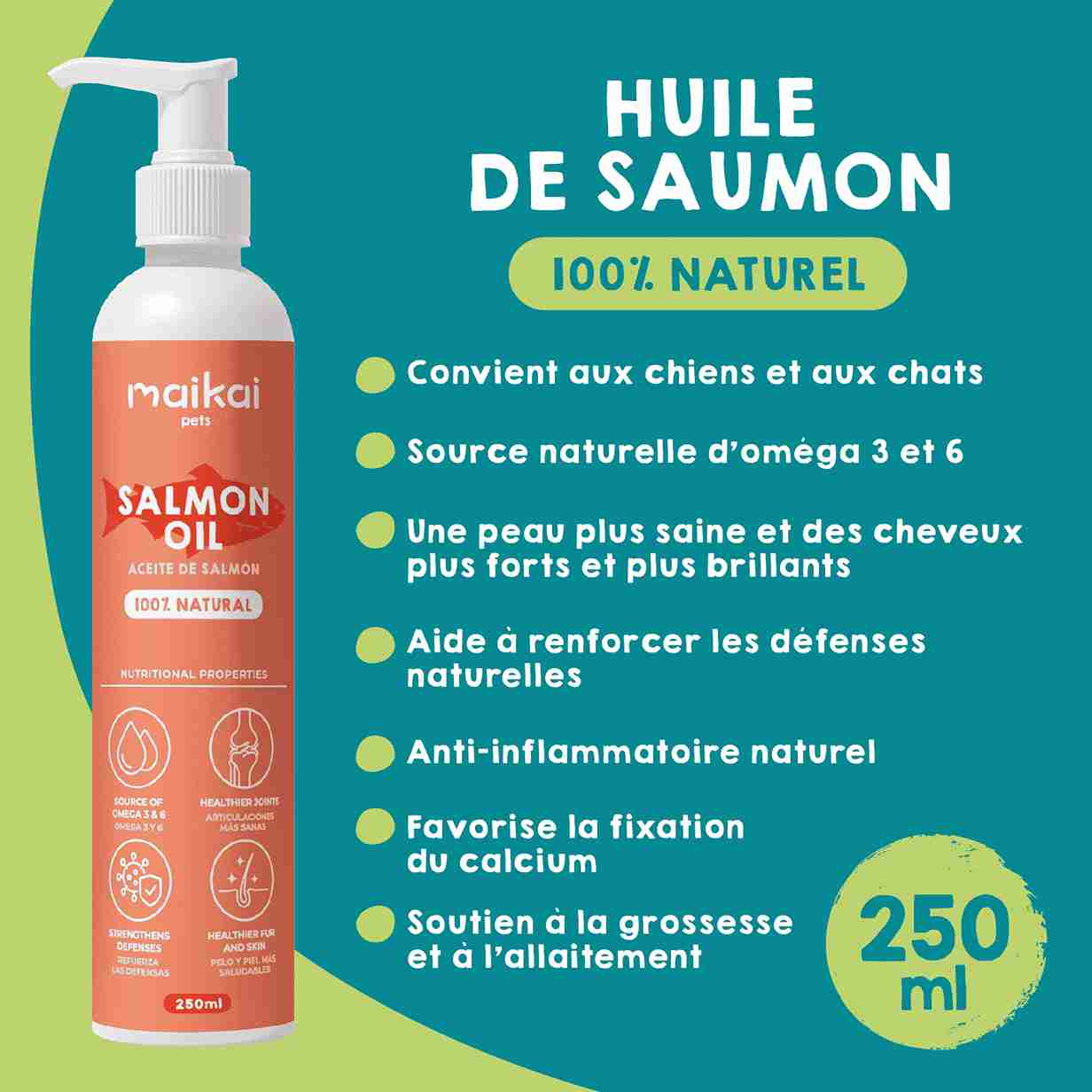 Pack de récompenses naturelles et huile de saumon pour chiens et chats.