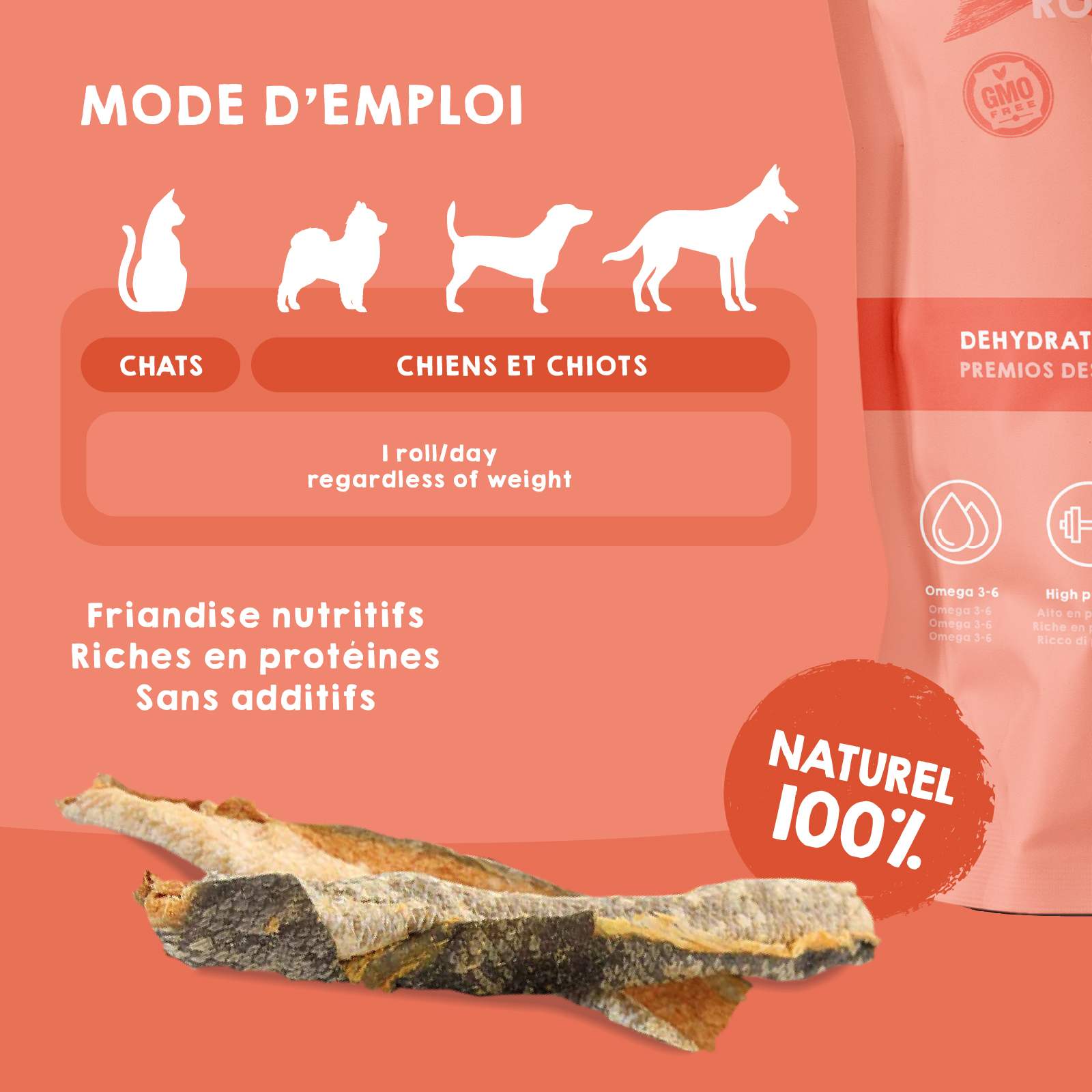 Récompenses en rouleaux de saumon pour chiens et chats.
