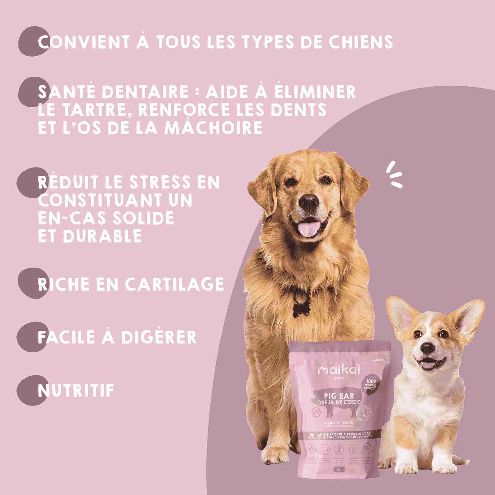 Snack d’oreilles de porc Maikai Pets pour chiens