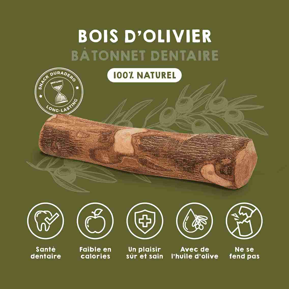 Bois d’olivier naturel pour chiens.