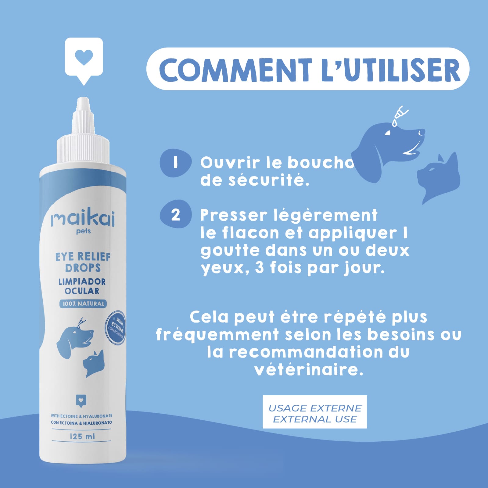 Comment utiliser le nettoyant oculaire en gouttes Maikai Pets pour chiens et chats.