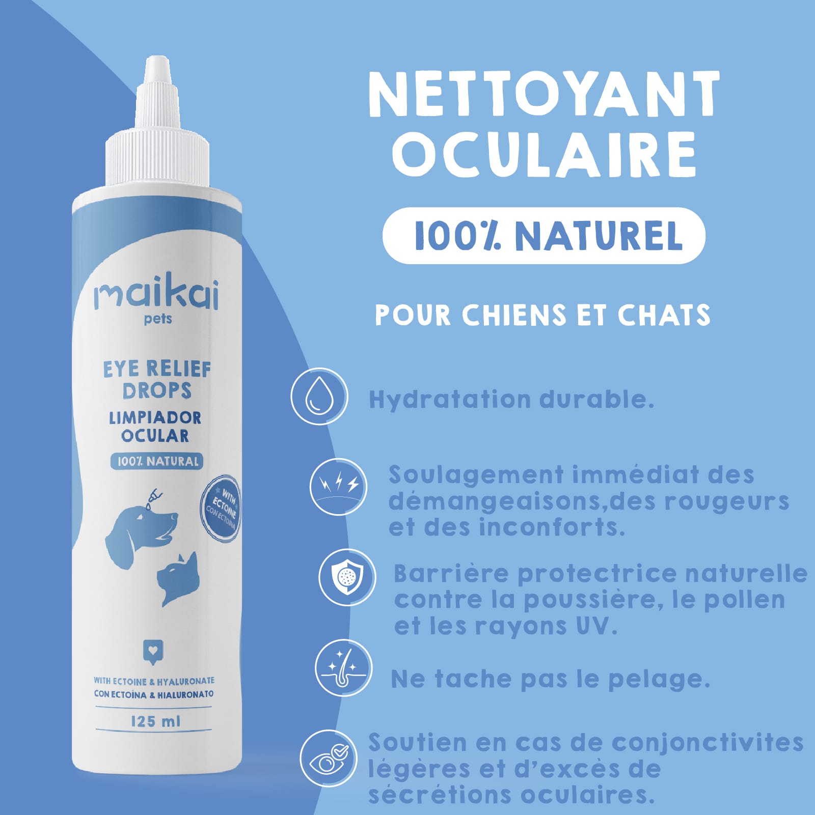 Nettoyant oculaire Maikai Pets pour chiens et chats, hydratation et protection à l’ectoïne.