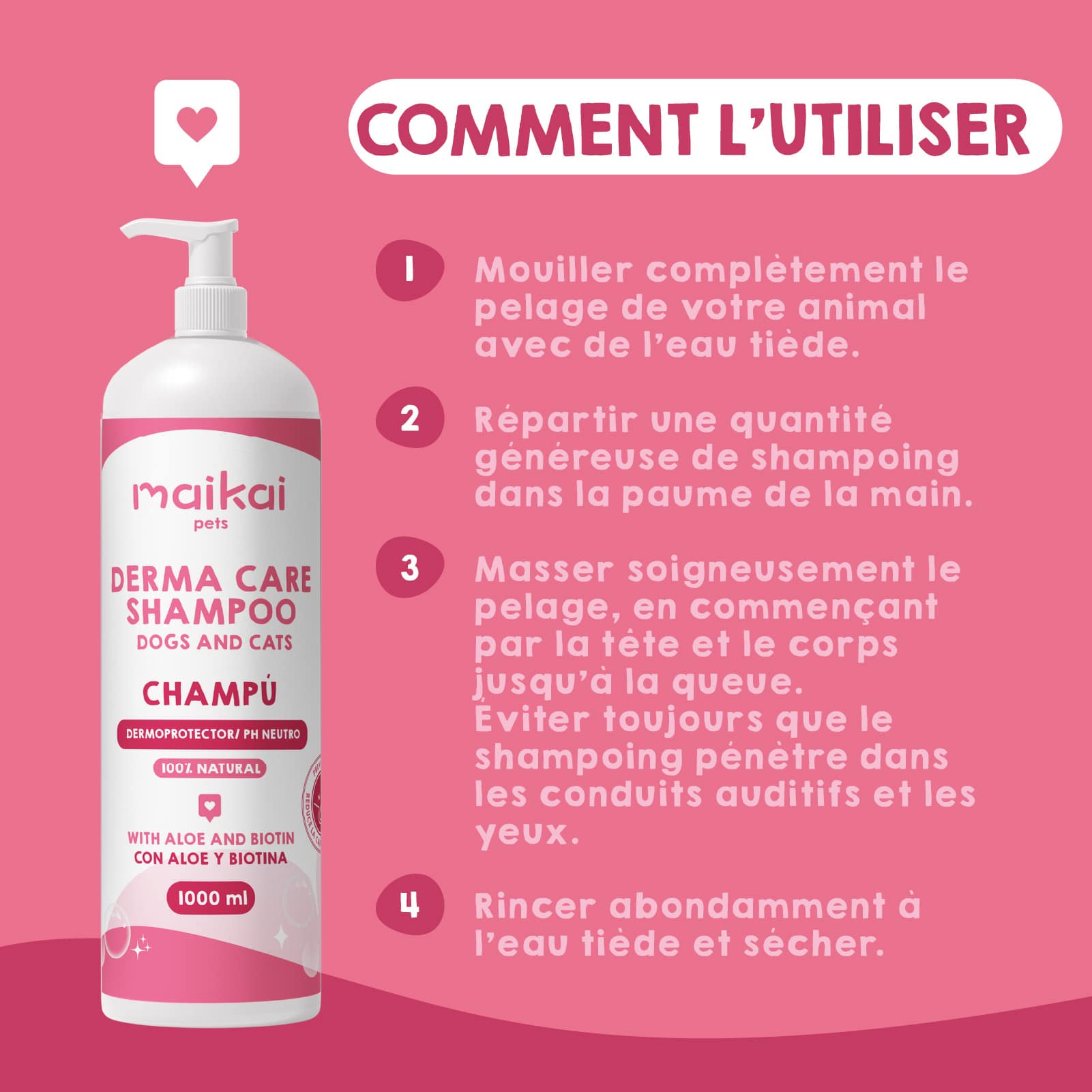 Shampoing hypoallergénique pour chiens, usage fréquent.