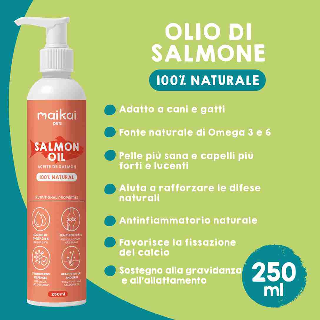 Confezione di premi naturali e olio di salmone per cani.