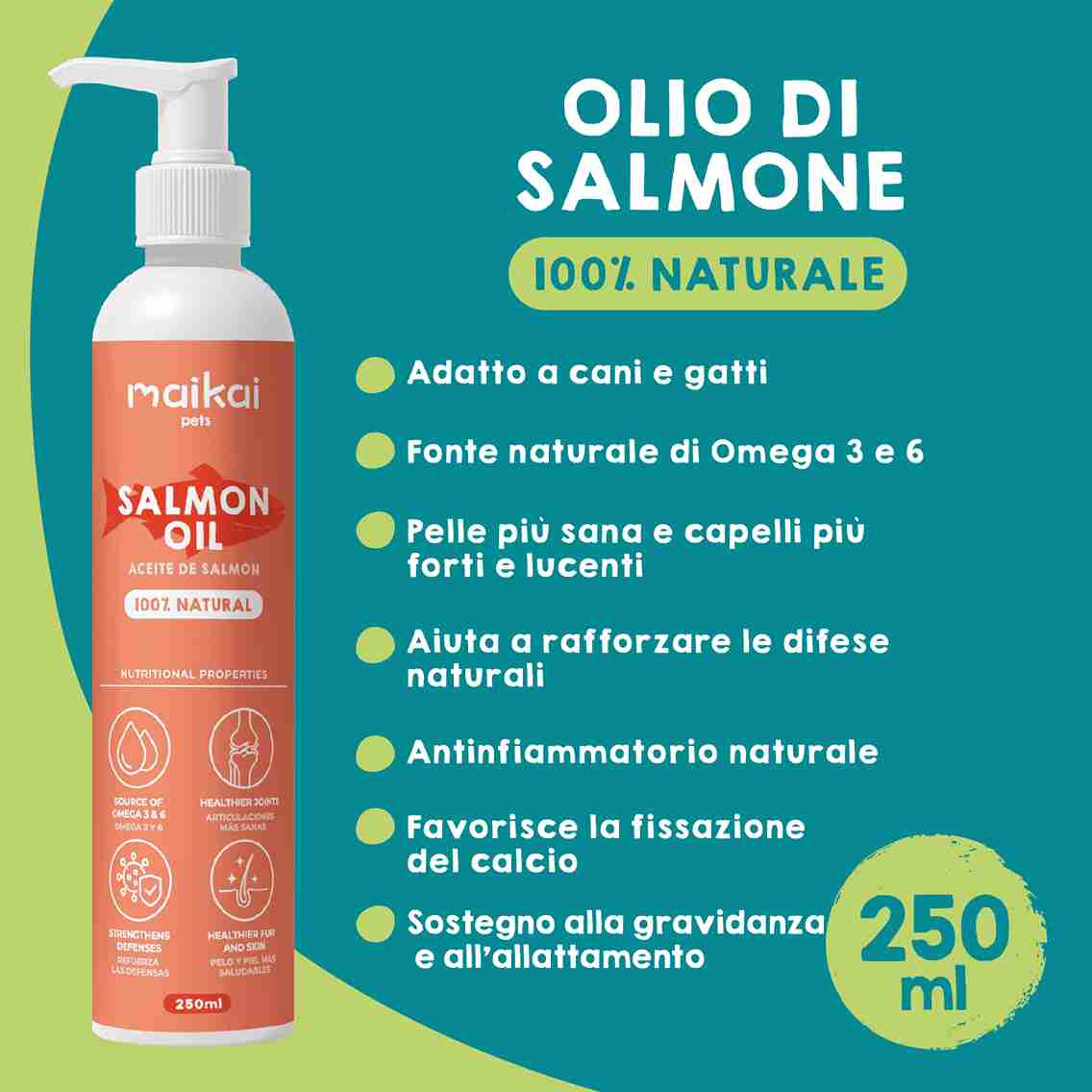 Pack di premi naturali e olio di salmone per cani e gatti.