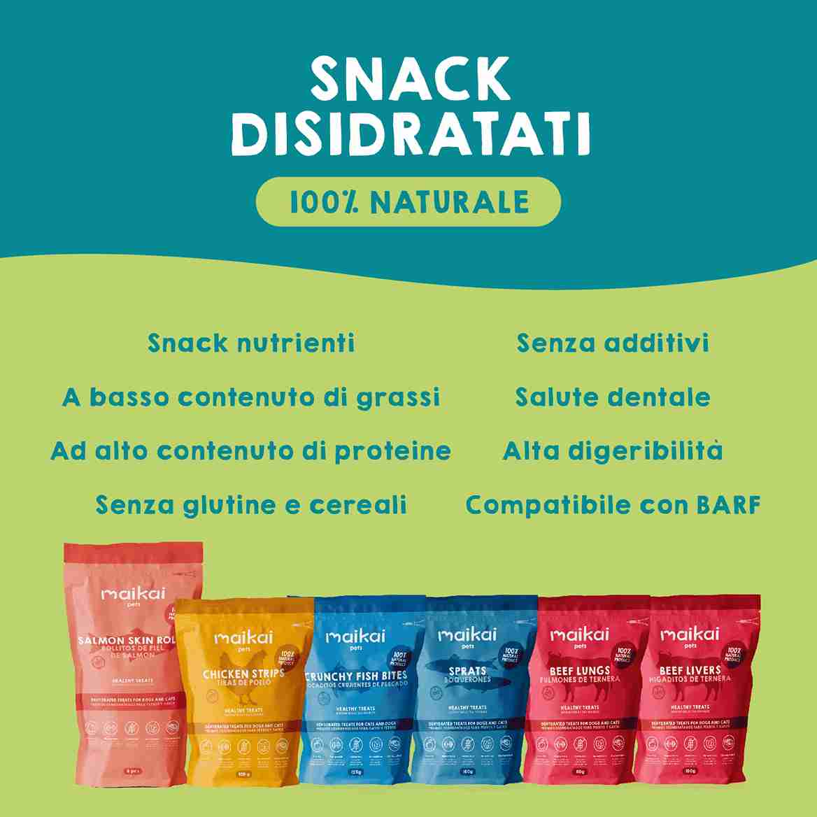 Scatola di snack disidratati e olio di salmone per cani e gatti.