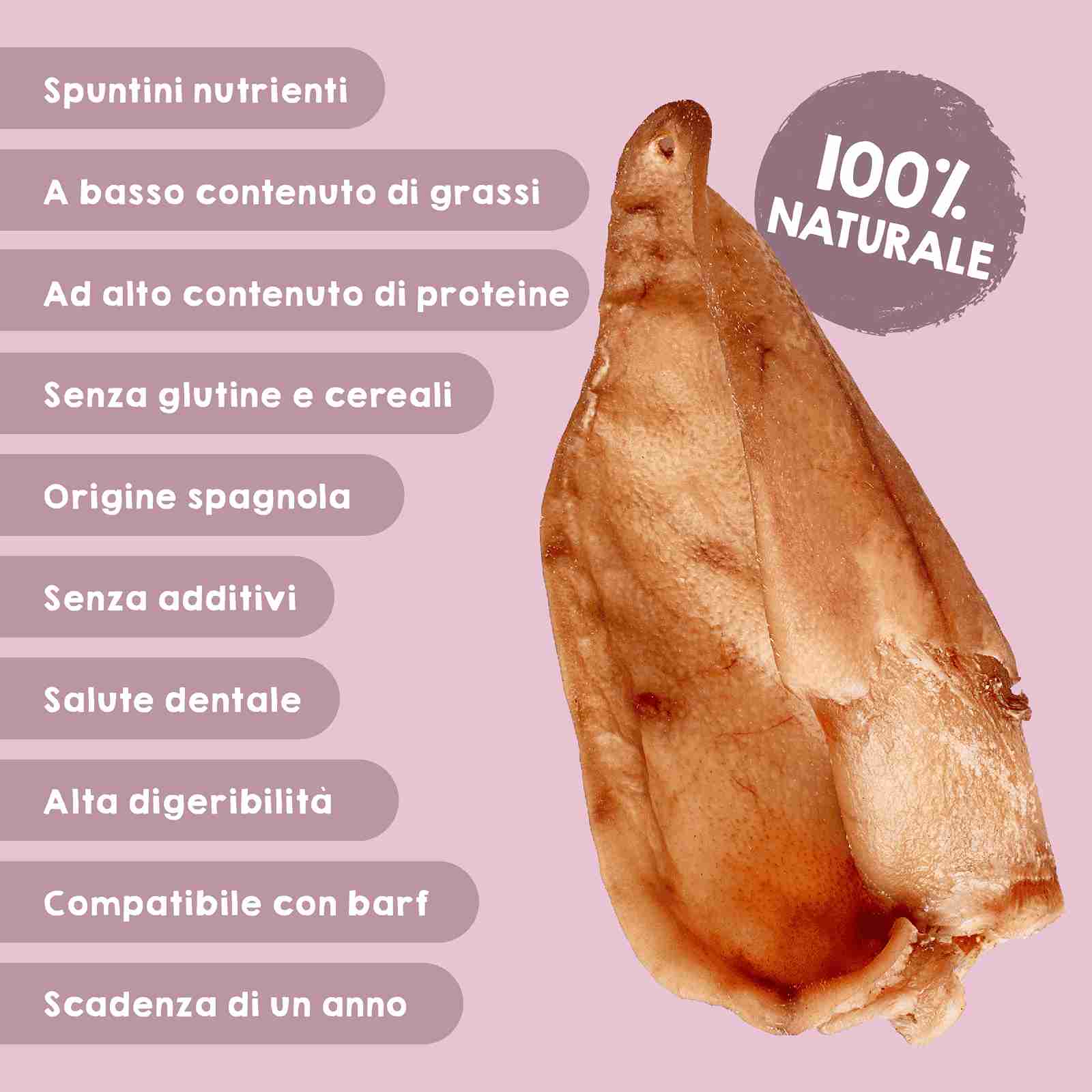 Snack naturale di orecchie di maiale per cani