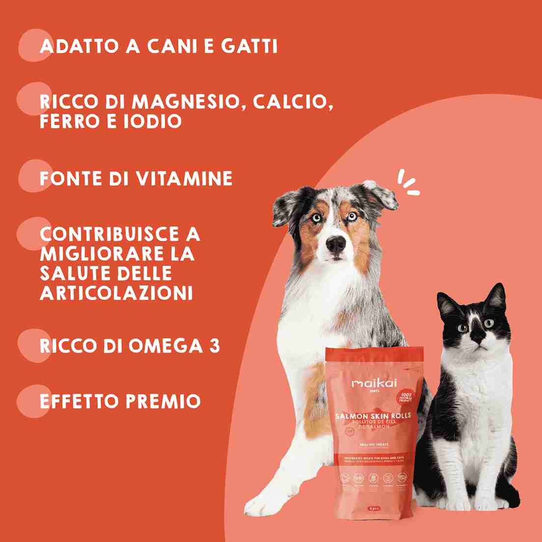 Snack naturali in rotolini di salmone per cani e gatti