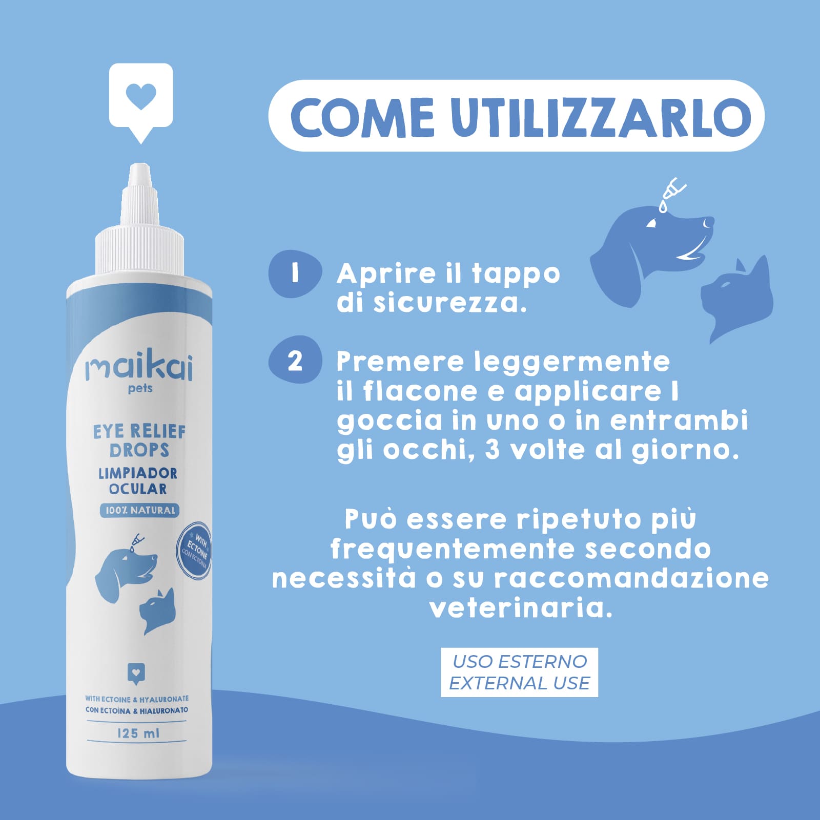 Come usare il collirio detergente oculare in gocce Maikai Pets per cani e gatti.