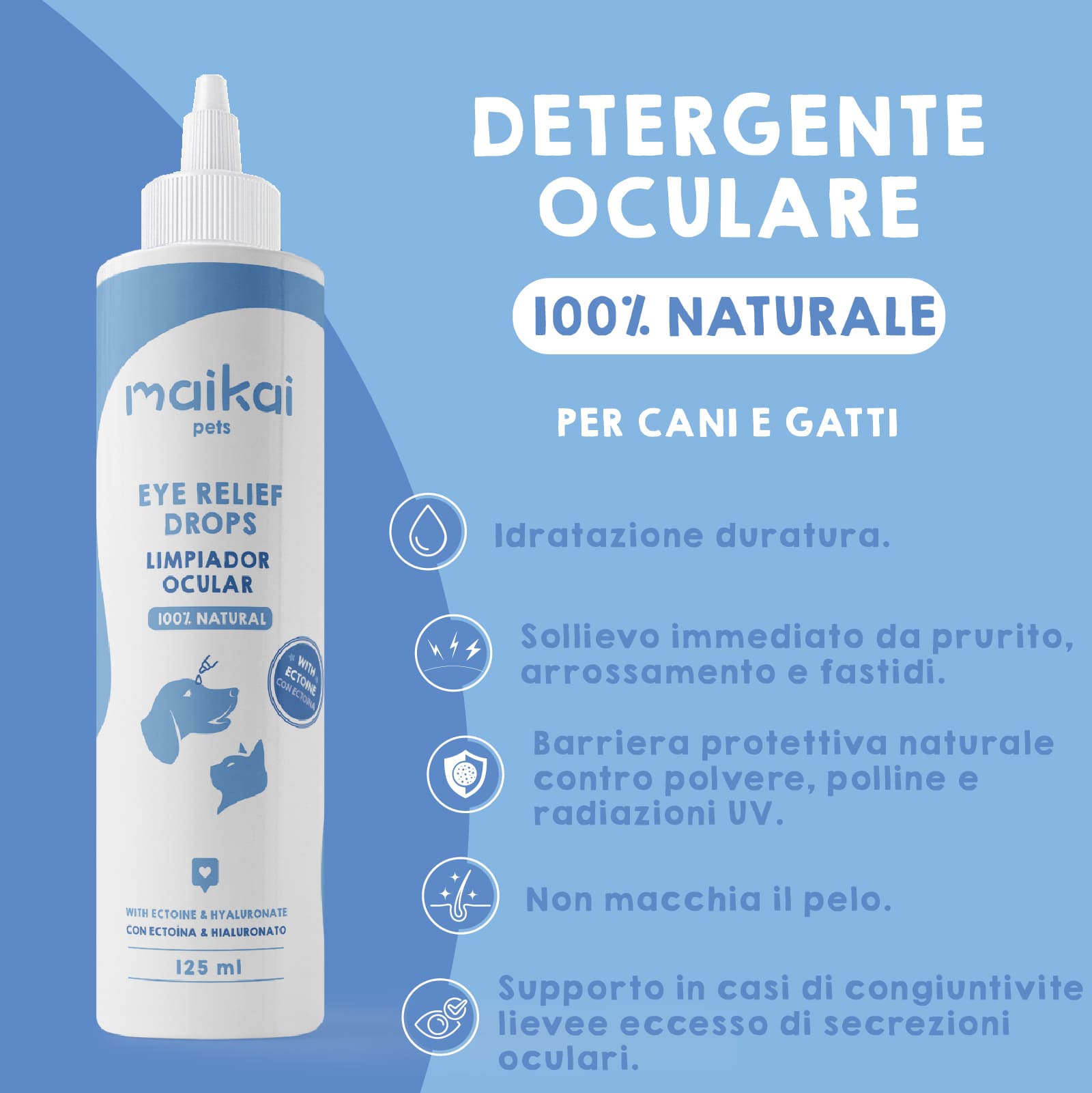 Detergente oculare Maikai Pets per cani e gatti con ectoina, idratazione e protezione.