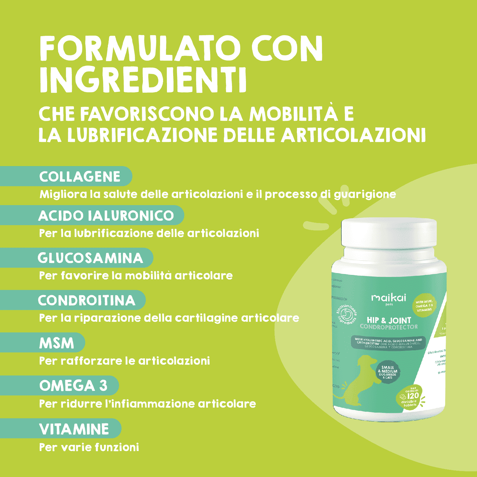 Lista degli ingredienti dell’integratore di supporto articolare per cani e gatti