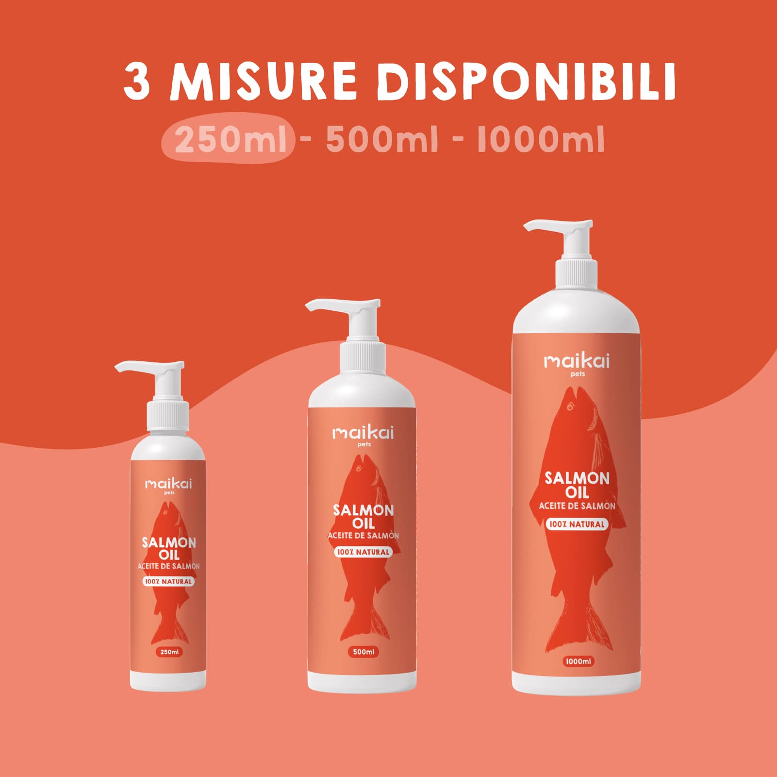 Diversi formati disponibili dell’olio di salmone per cani