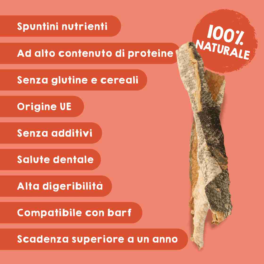 Spuntini naturali in rotolini di salmone per cani e gatti