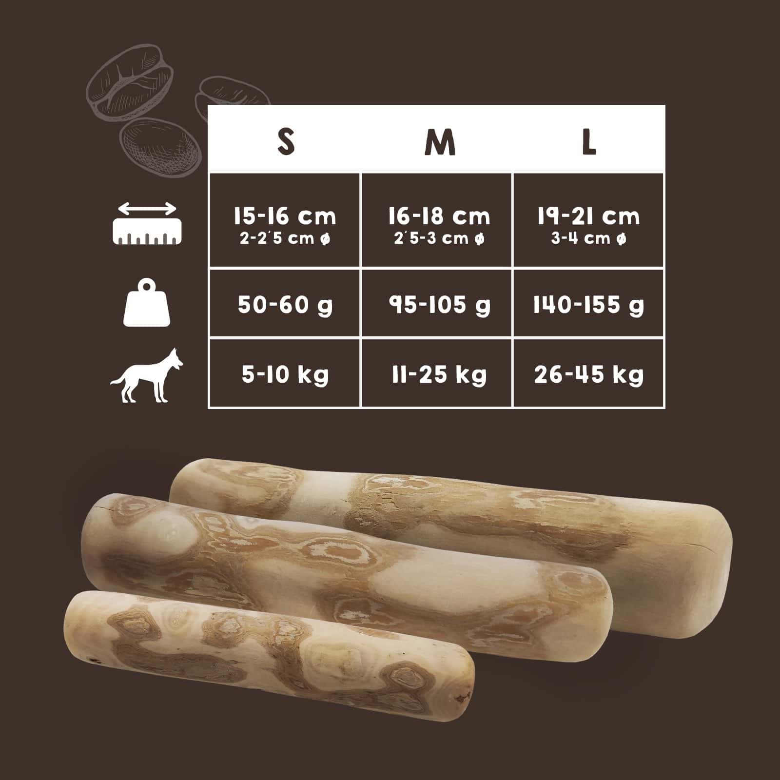 Mordedor natural de palo de café para perros, disponible en talla M, ecológico y resistente, ideal para masticación saludable y cuidado dental.