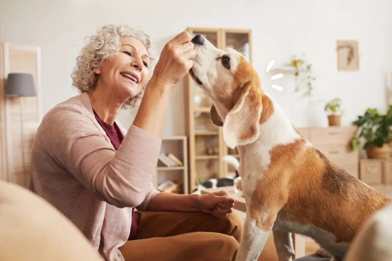 Persona mayor dando una chuche a un perro de terapia